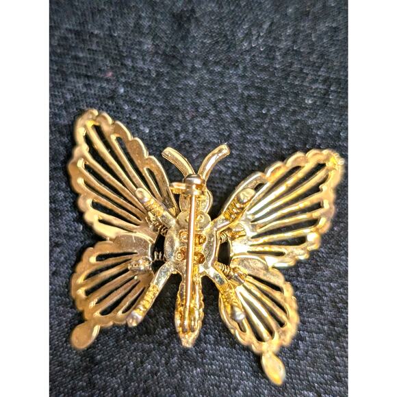 Vintage Gold Tone Butterfly W/ Spring Fluttering Wings & Red Crystal Eyes Brooch - Picture 3 of 4